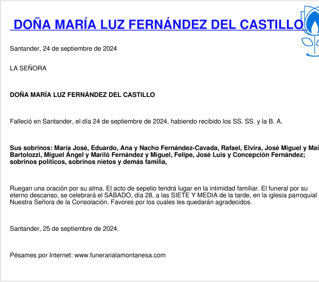 Esquela de María Luz Fernández Del Castillo